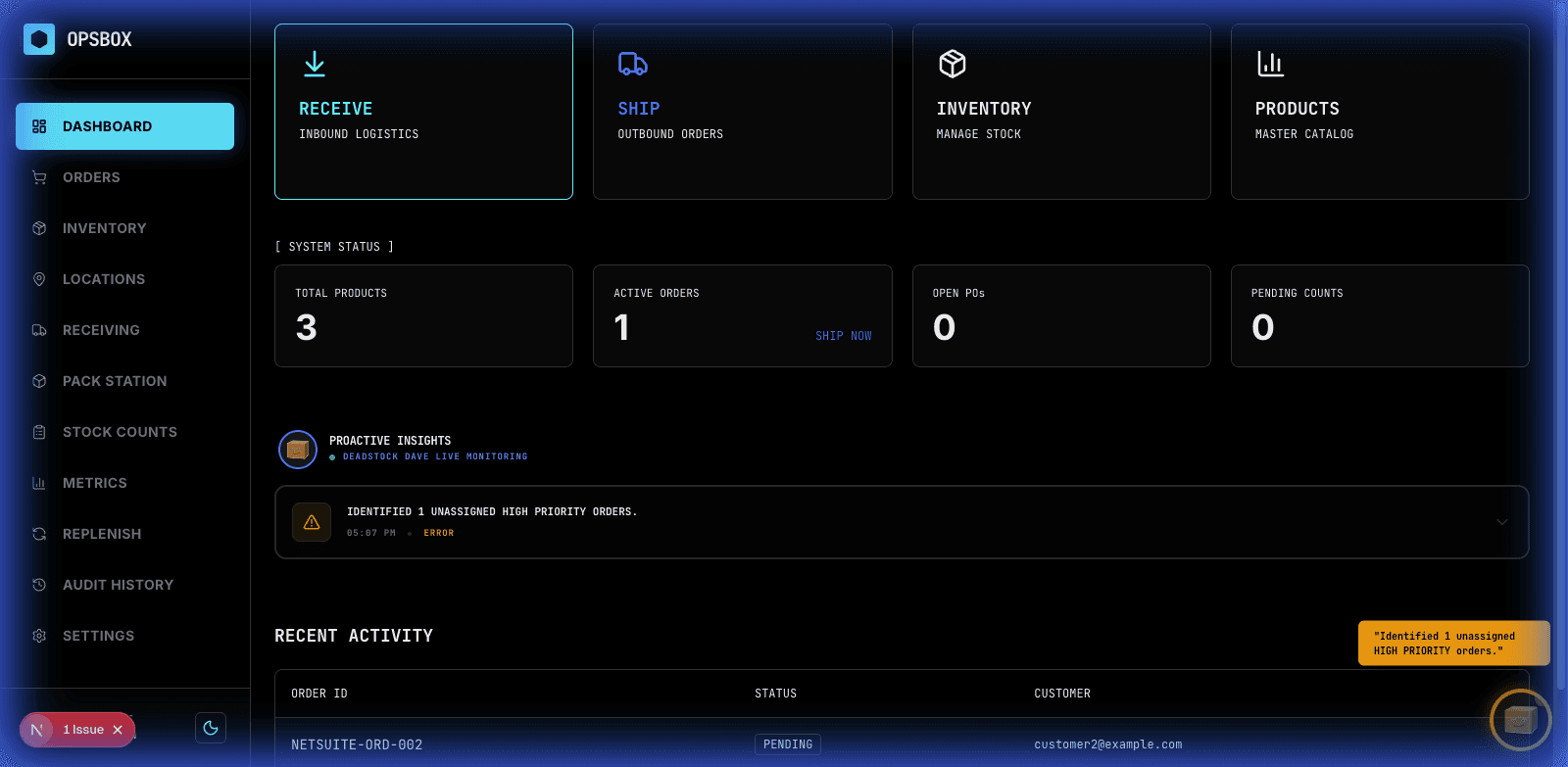 OpsBox AI WMS Dashboard